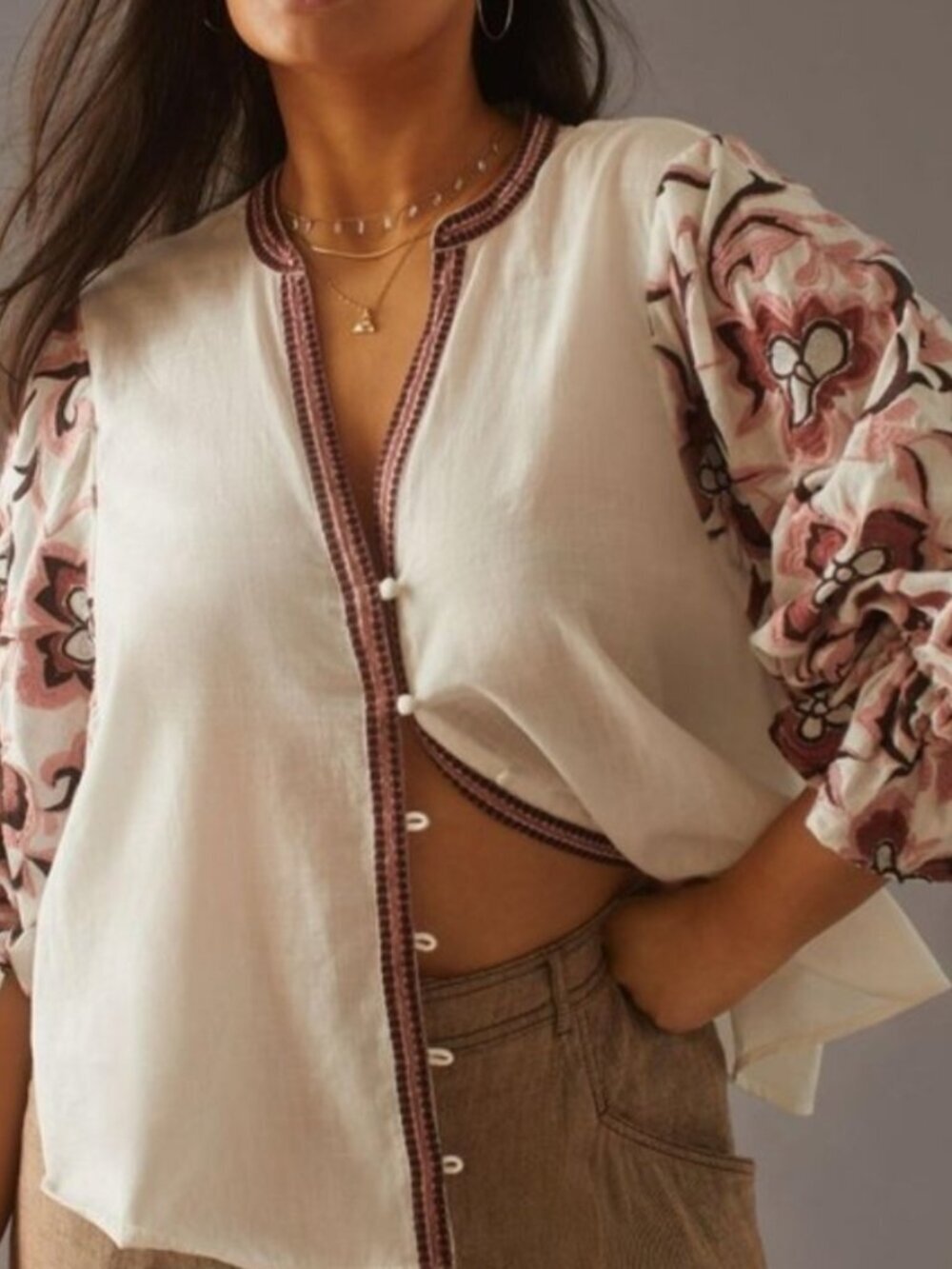 Anthropologie NWT V-neck Embroidered Blouse Women’s Button up size XS Ivory/pink